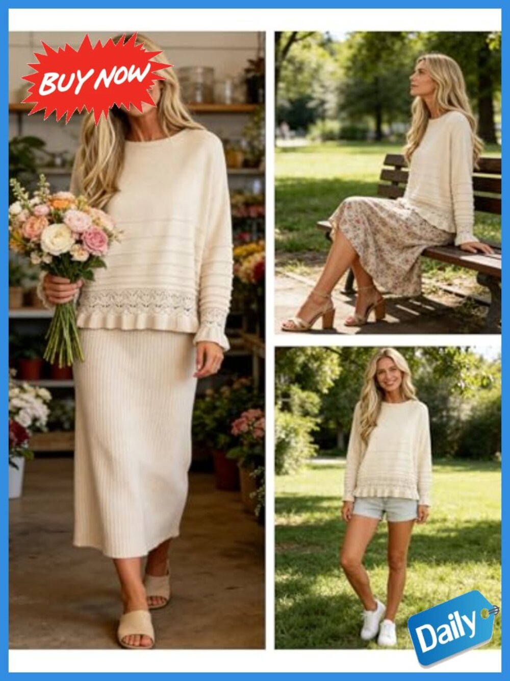 Womens Pullover Sweater Crew Neck Ruffled Hem Knit Long Sleeve Casual Top - Picture 5 of 6